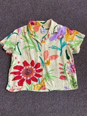 Vintage Jams World Short Sleeve Floral Paint-Print Shirt - Yellow Multicolor